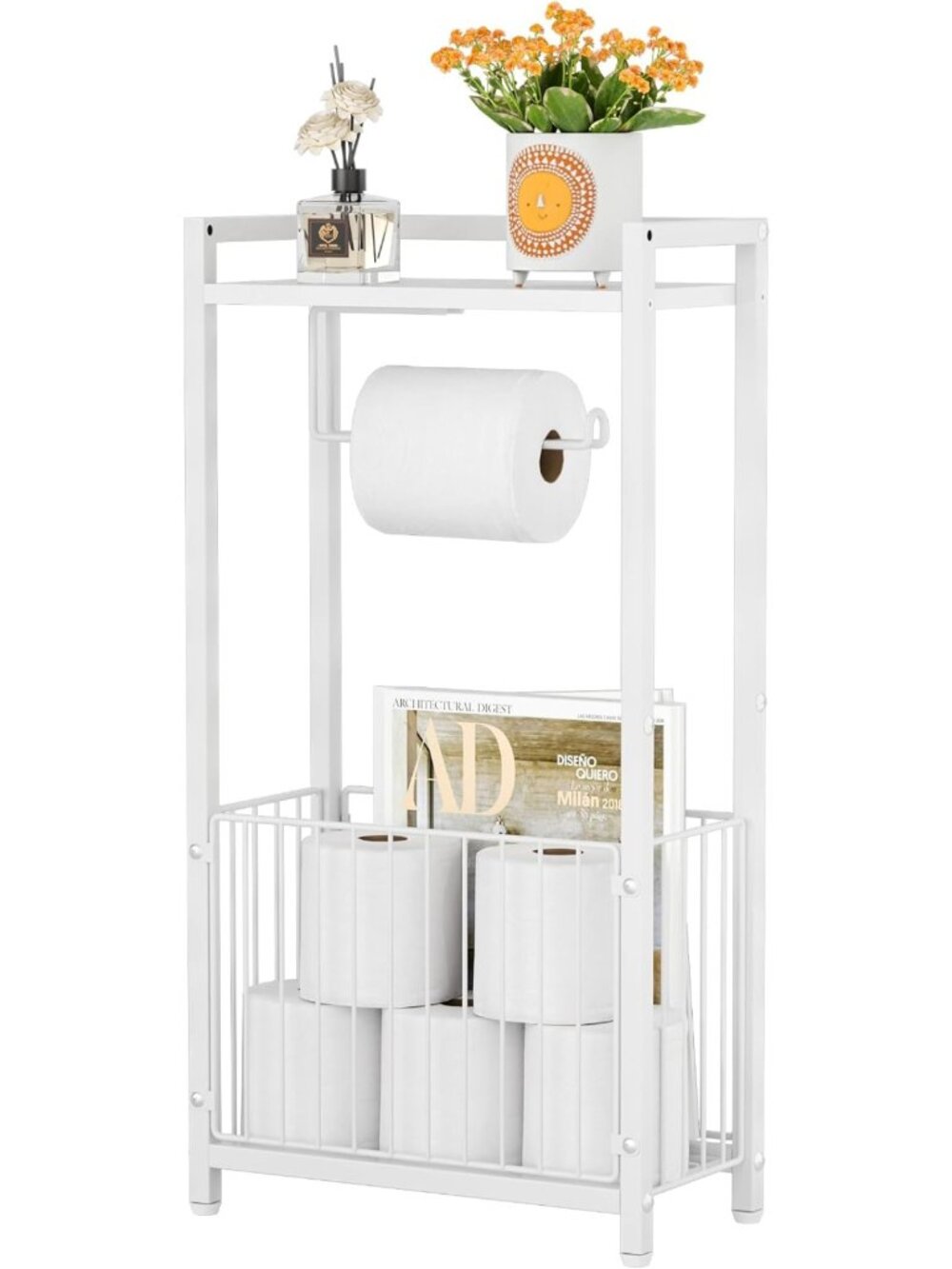 Stylish Freestanding Toilet Paper Holder with Storage Shelf - Modern Bathroom